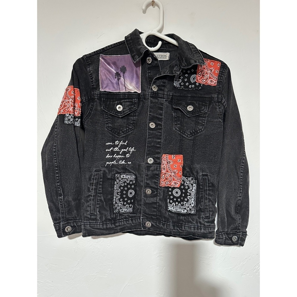 Evolution In Design Boys Black Patchwork Denim Jacket Paisley Bandana M 10-12